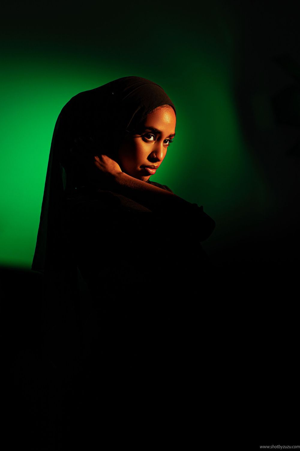 Atmospheric portrait with green backlighting creating silhouette effect against dark background.